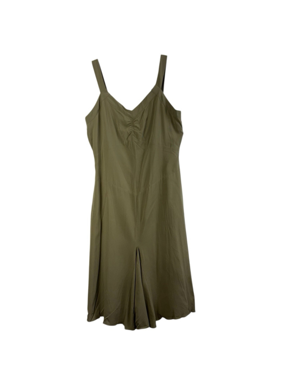 Club Monaco 100% Silk Slip Dress Olive Green Ruched Midi New Size 4